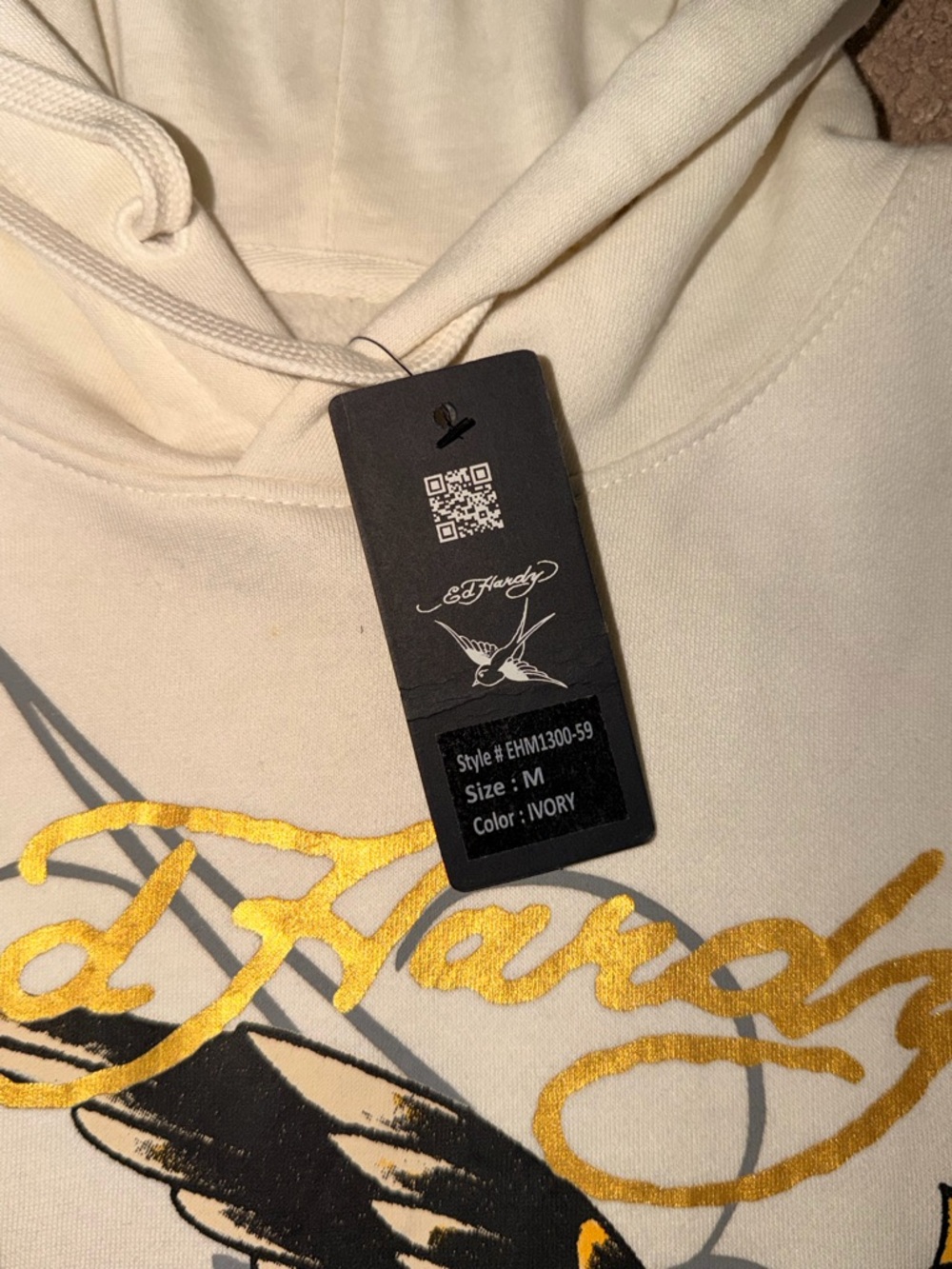 NWT Ed Hardy Ivory Hoodie with Gold Script and Black Graphic - Picture 4 of 9